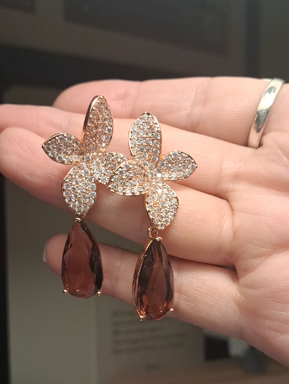 Rose Gold Floral Drop Earrings with Smoky Teardrop Stones